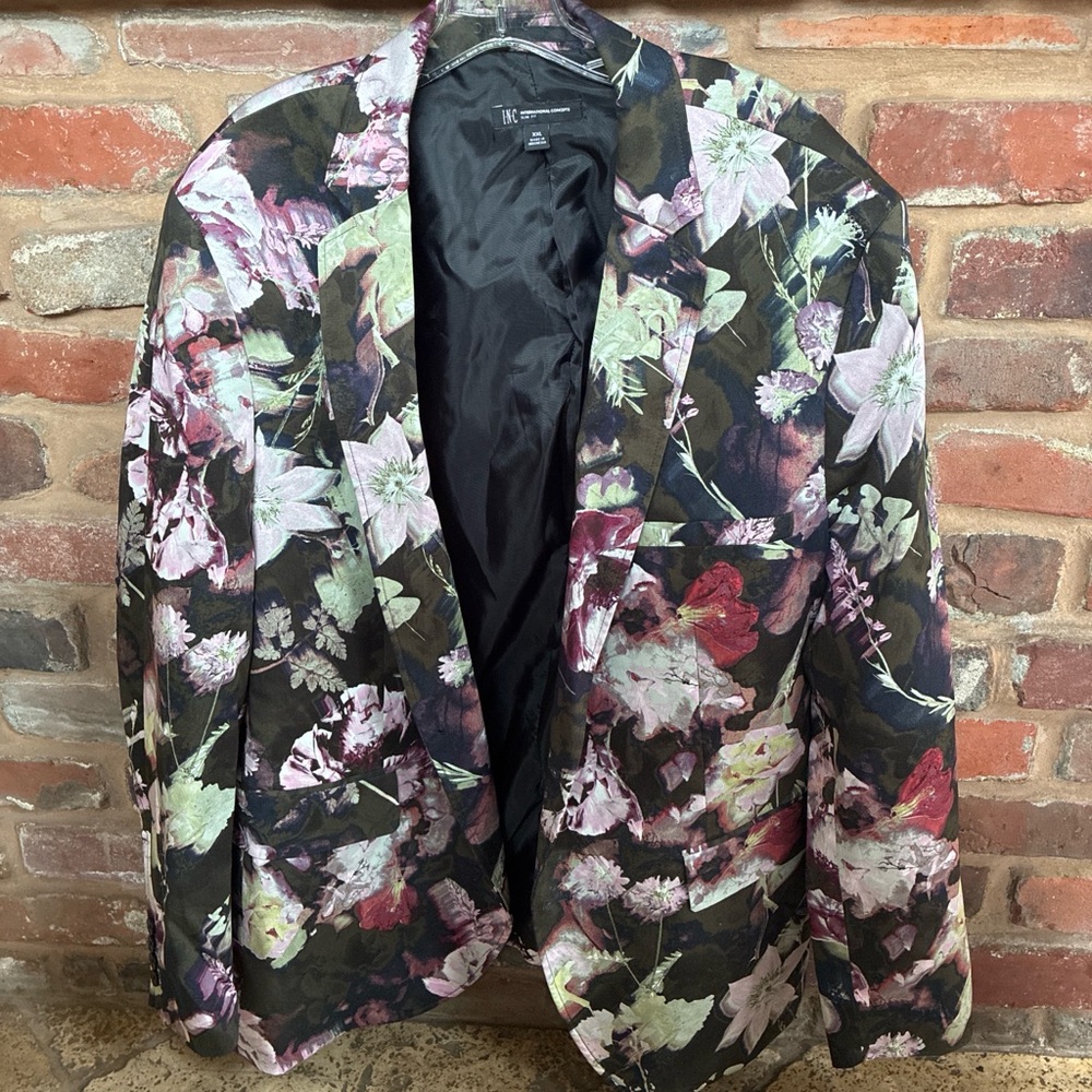 INC Floral Print Blazer in Black with Pink & Green Blooms